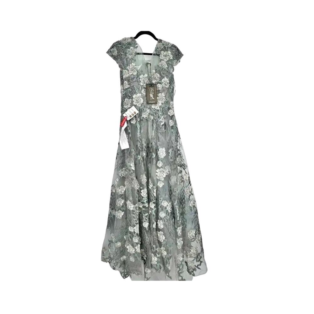 Mac Duggal NWT Seamist Green / Gray Floral Embroidered Maxi Gown 20294 - Picture 10 of 16